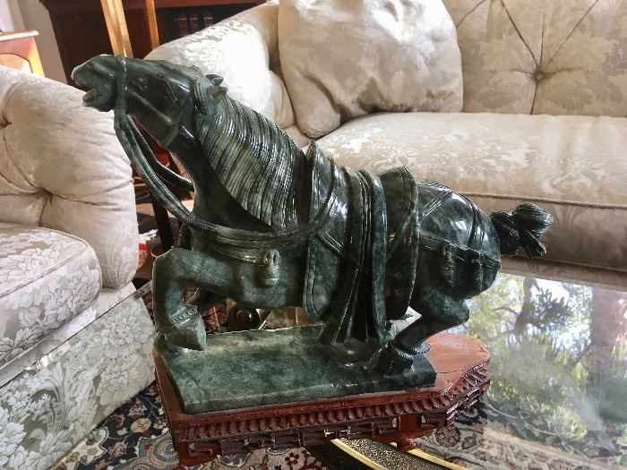 Large Hand-Carved Hard-Stone Equine Figure on Fitted Stand