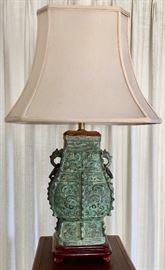 Patinated Metal Chinese Urn on Wood Stand as Lamp with Silk Shade