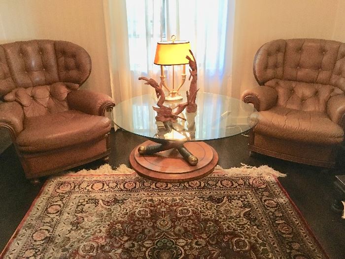 Deep-Comfortable Tufted-Leather Club Chairs; Handsome Low-Table; Exotic Carved Figures; Gilt-Boulliotte Table Lamp