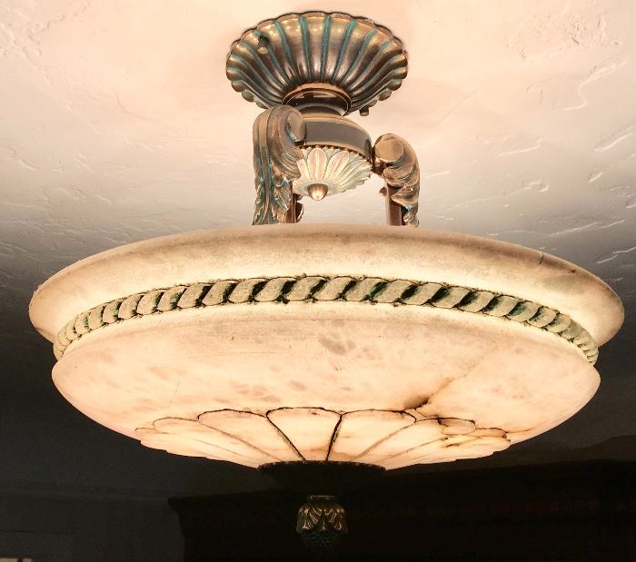 Hand-Carved Alabaster and Brass Ceiling Fixture