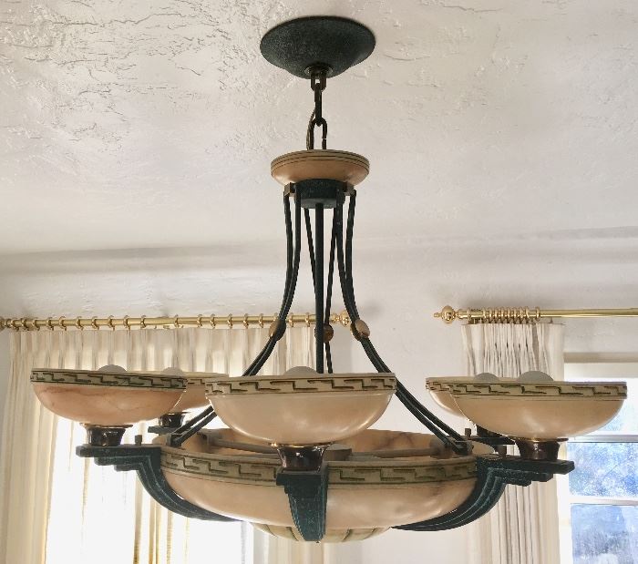 Carved Alabaster and Brass (patinated) 6-Arm Chandelier with Center Light