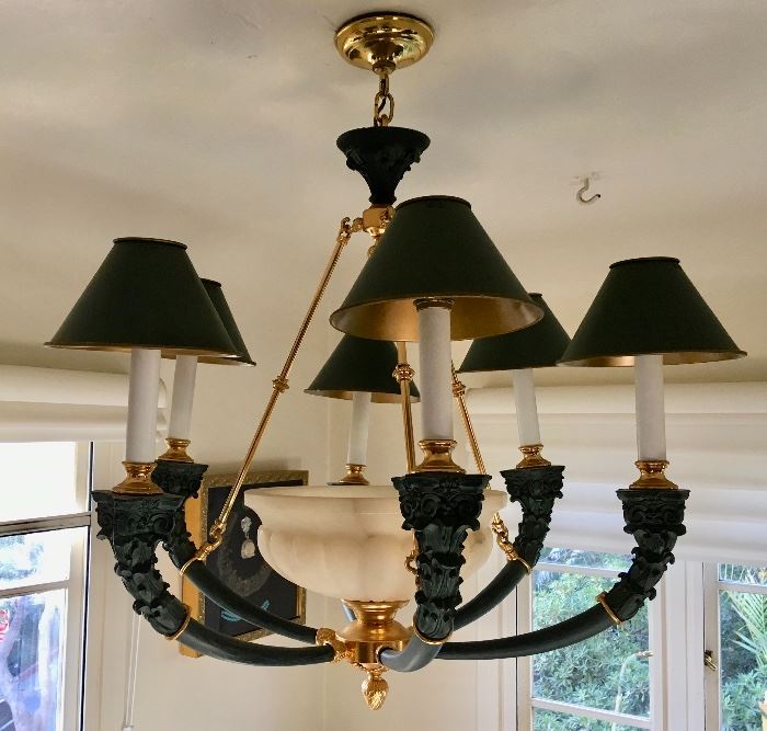 Patinated and Polished Brass 6-arm Chandelier with Carved Alabaster Center Light and Tole Shades