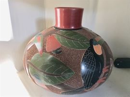 Tropical Birds depicted on Poly-Chromed and Burnished Gourd Form Vessel