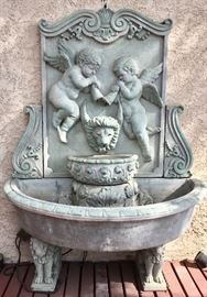 Large Cast Stone Fountain, Italian-Style with Charming Putti and Winged Lions, complete with working pump