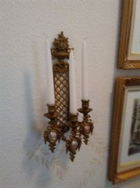 Pair of 1960s gilt metal sconces with decaled inset plaques