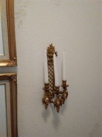 Pair of 1960s gilt metal sconces with decaled inset plaques