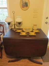 Vintage Duncan Phyfe drop leaf table, vintage double student lamp with milk glass hobnail shades, more