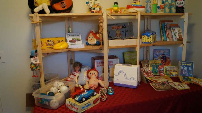 vintage toys-Raggedy Ann, dolls, sewing machine, baby toys