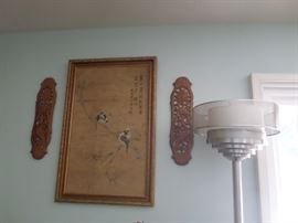 Asian Teak Wall Sconces & Picture, Art Deco Free Standing Lamp