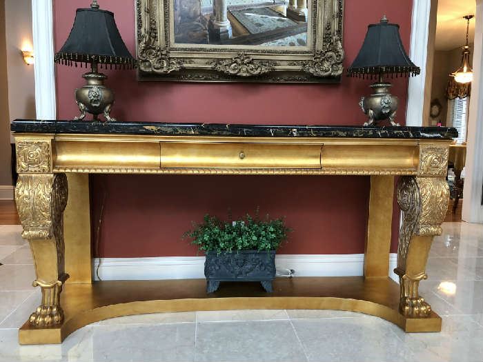 Gilded Georgian style console w/ paw feet and marble top