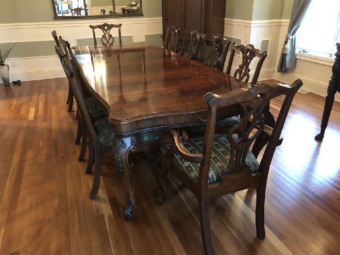Georgian Style Dining Table: Acanthus carvings / 10 Chippendale style chairs w/claw and ball feet.  Upholstery seat cover from New Deli                                                                    