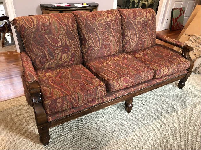 Pair Large Sofas w/carved legs and nail head trim