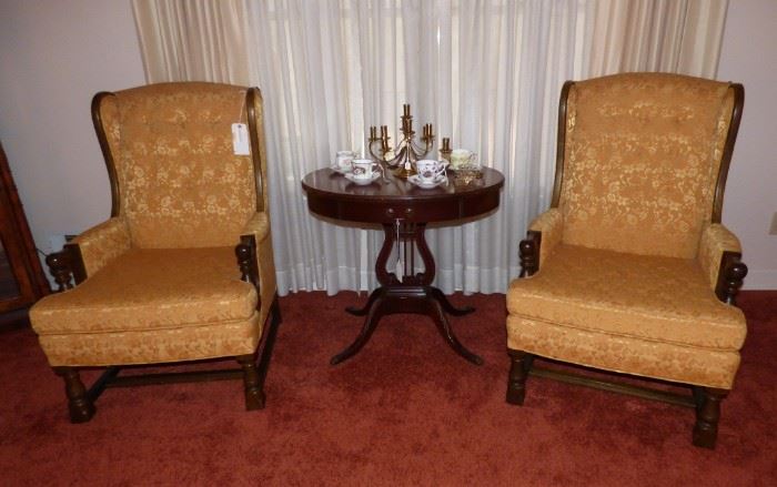 Pair of wing back chairs, Lyre base drum table with drawer