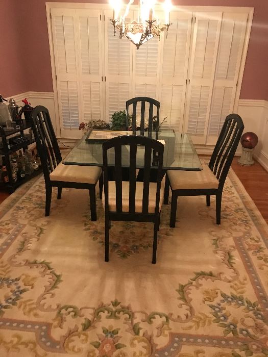 Black wooden pedestal glass top table & chairs