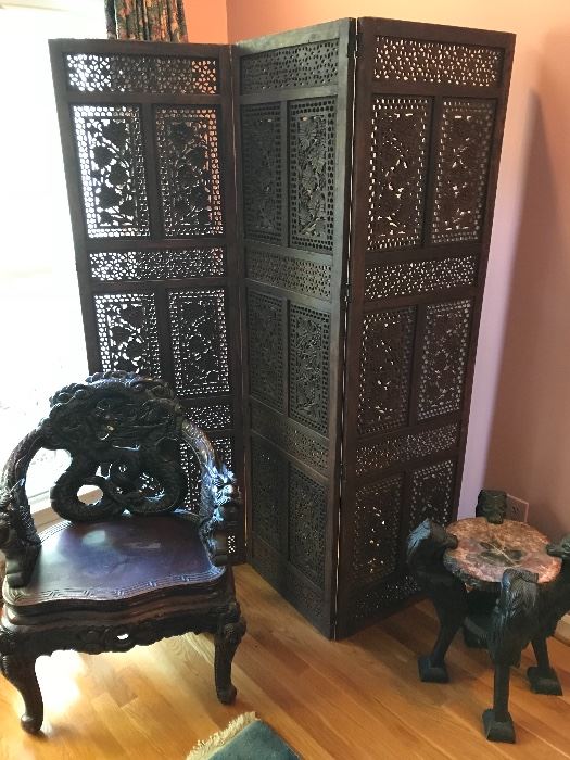 Chinese Rosewood carved dragon throne chair, Carved Rosewood & Stone side table . Carved Rosewood Room Divider