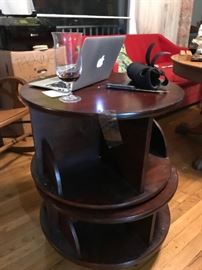 This end-table bookcase ROTATES! That's my computer and almost-finished glass of red wine!