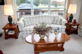 Upholstered sofa, coffee table, end tables, lamps
