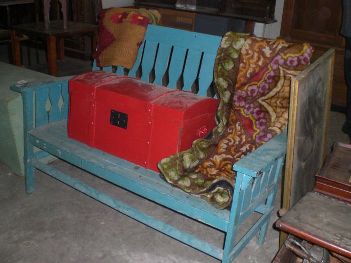 mission oak painted bench, Chase sleigh blanket, wood dome top trunk with iron straps, etc.