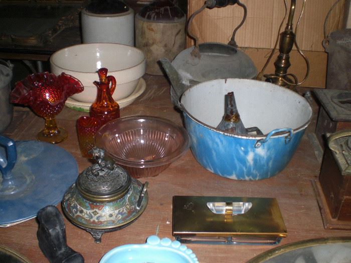 Champleve bronze incense burner, graniteware, etc.