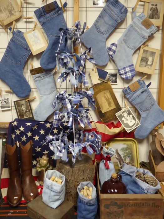 Handmade "Jeans" Christmas Stockings and Bags, Handmade Christmas Tree with demin/plaid/lampshade frames, Vintage Photos