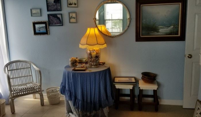 antique white washed mirror and misc items