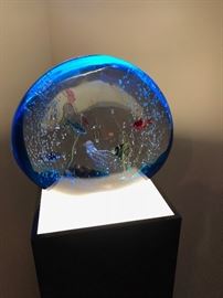 Murano Aquarium Sculpture Signed by Elio Raffaeli - RARE-JUMBO SIZE - 15"x16" on lighted pedestal