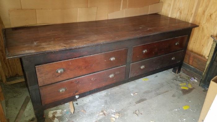 8' long ,35 wide and 31" tall. Awesome vintage piece with four drawers on the other side as well. Would make phenomenal Thailand.