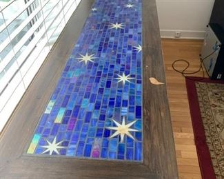 Custom mosaic sofa table.  Small bleach stain on front of wood but in otherwise pristine condition...