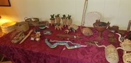 Oaxacan wooden snakes, misc masks and pottery