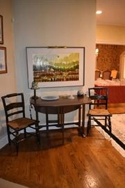 DROP LEAF WOOD TABLE, 2 HITCHCOCK CHAIRS, 2 SMALL TIFFANY STYLE LAMPS