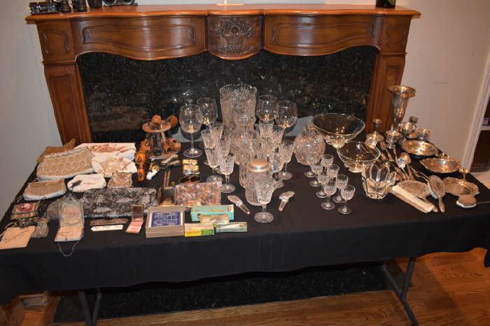 FRONT TABLE-STERLING, WATERFORD, CRYSTAL, VINTAGE BEADED PURSES, PIPES, LIGHTERS