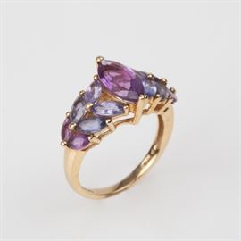 60: 14K AMETHYST & TANZANITE MARQUISE COCKTAIL RING SIZE 5