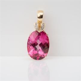 63: 14K PINK COATED 22.24CT TOPAZ DIAMOND PENDANT