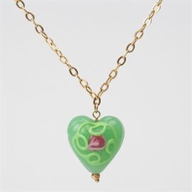 80: 14K MILROS NECKLACE WITH GREEN HEART PENDANT