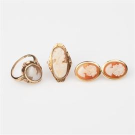 103: LOT OF VINTAGE CAMEO GOLD RINGS AND EARRINGS
