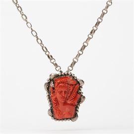 112: KIRK ARVISO NAVAJO CARVED CORAL MAIDEN SILVER NECKLACE