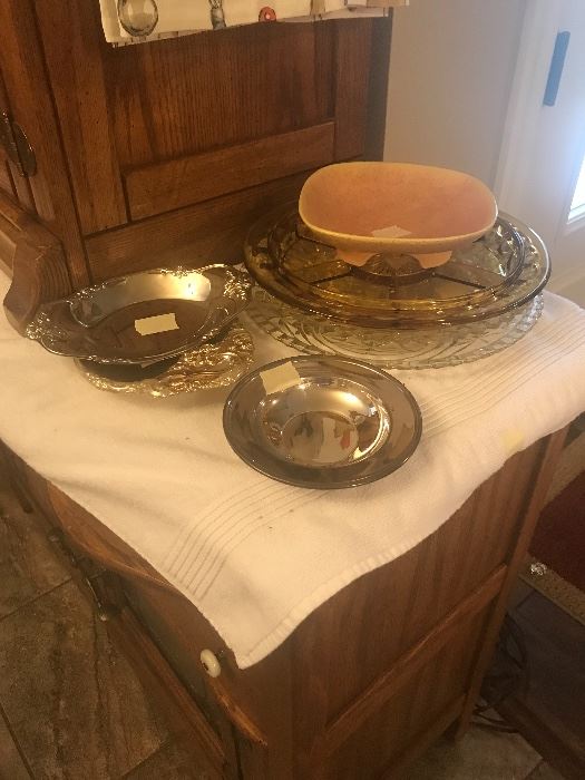 Silver, silver plate, glass lazy Susan, platters