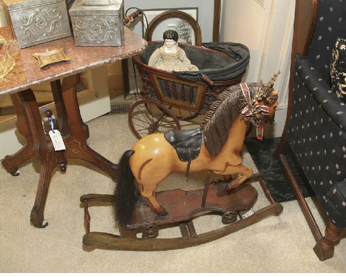 VINTAGE STYLE ROCKING HORSE AND DOLL CARRIAGE.  VINTAGE PORCELAIN DOLL