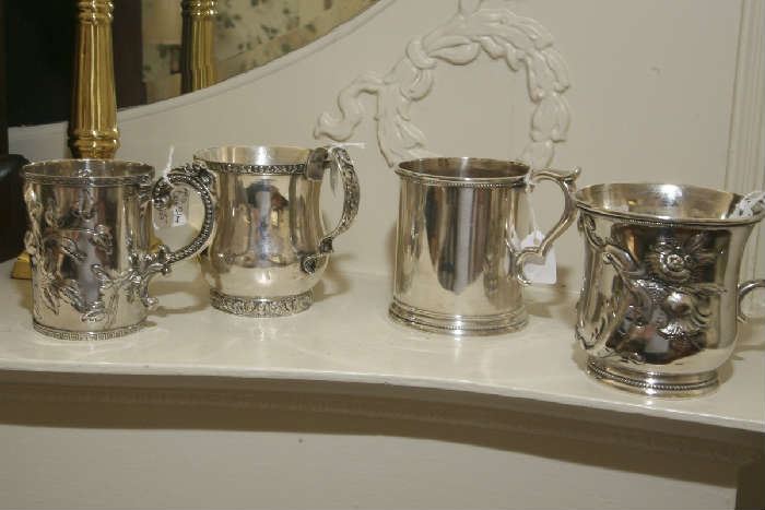 LARGE COLLECTION STERLING SILVER AND COIN SILVER CHRISTENING MUGS.  ALL STERLING HAS WEIGHT ON TAG