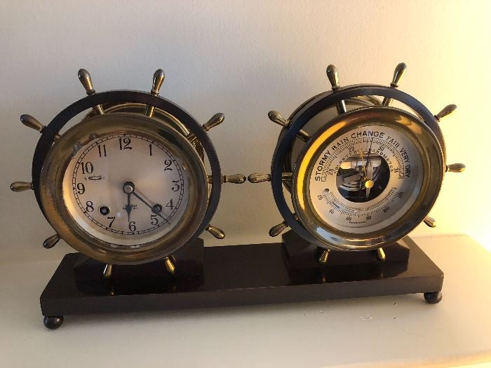 AWESOME DUAL SHIPS WHEEL CLOCK/BAROMETER 