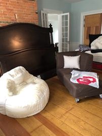 King wooden bed.  $475.  Fun white plush chair.  $50.  And pottery barn kids corner cashier w ottoman.  $100
