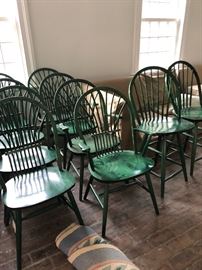 8 green dining chairs.  4 with arms.  4 with out.   2 green bar stools.  All for $500