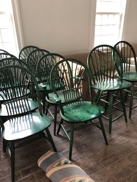 8 green dining chairs.  4 with arms.  4 with out.   2 green bar stools.  All for $500