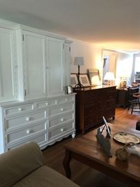 White entertainment cabinet or dresser w hanging for bedroom.   Two pieces aoneasy to move.  Pottery barn. $650. 