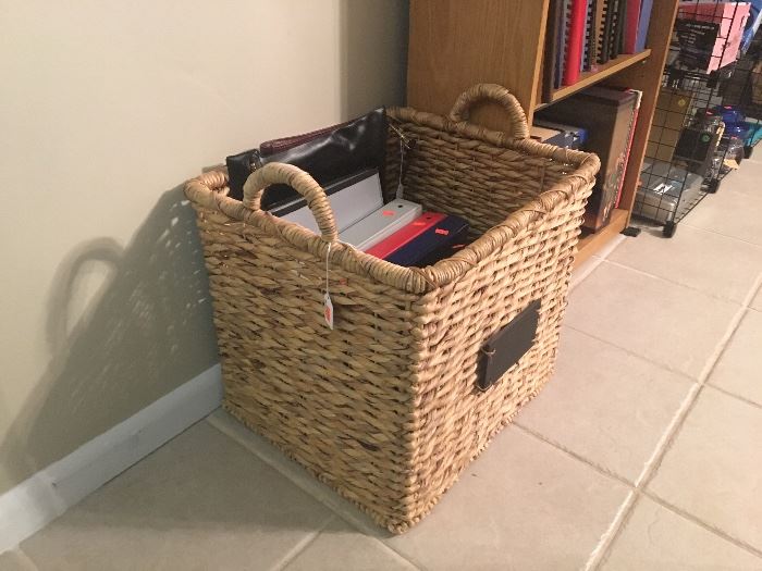 Large wicker basket, binders, etc.