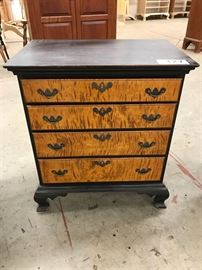 Diminutive Chippendale-style curly maple 4-drawer chest with ogee feet and black crackle finish 28.5"h x 22.75"w at the case x 16.25"d