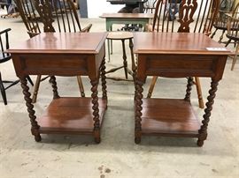Pair of barley twist side tables with lower shelf in cherry 22"w x 22"d