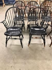 2 continuous arm Windsor chairs in black paint