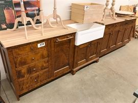 Tiger maple Shaker-style kitchen base cabinet samples with butcher block top and sink 11'3"w