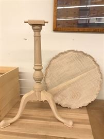 Queen Anne tilt-top table base in tiger maple, unfinished with partially complete pie crust top 21"d